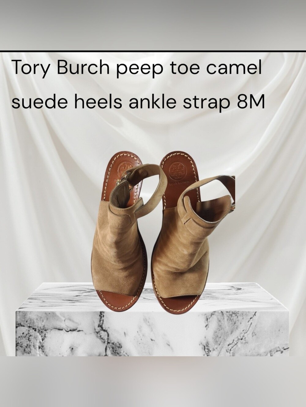 Tory Burch Elegant Camel Suede Peep-Toe Ankle Strap W 4" Square Heel 8M